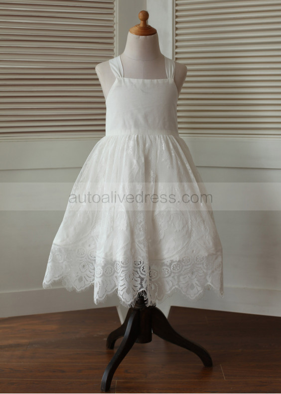 Ivory Cotton Lace Cross Back Flower Girl Dress